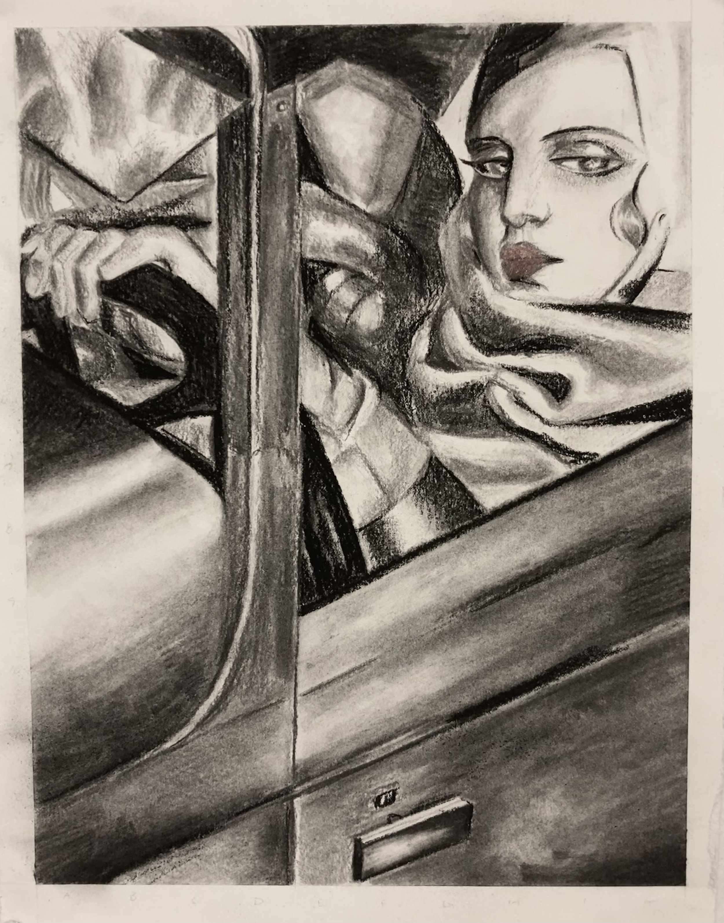 Replica of Tamara de Lempicka "Self-Portrait in the Green Bugatti" :: Charcoal