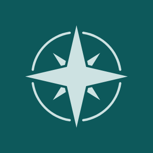 A stylized compass symbol with a central star, surrounded by circular lines on a teal background.