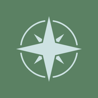 A white compass rose on a green background