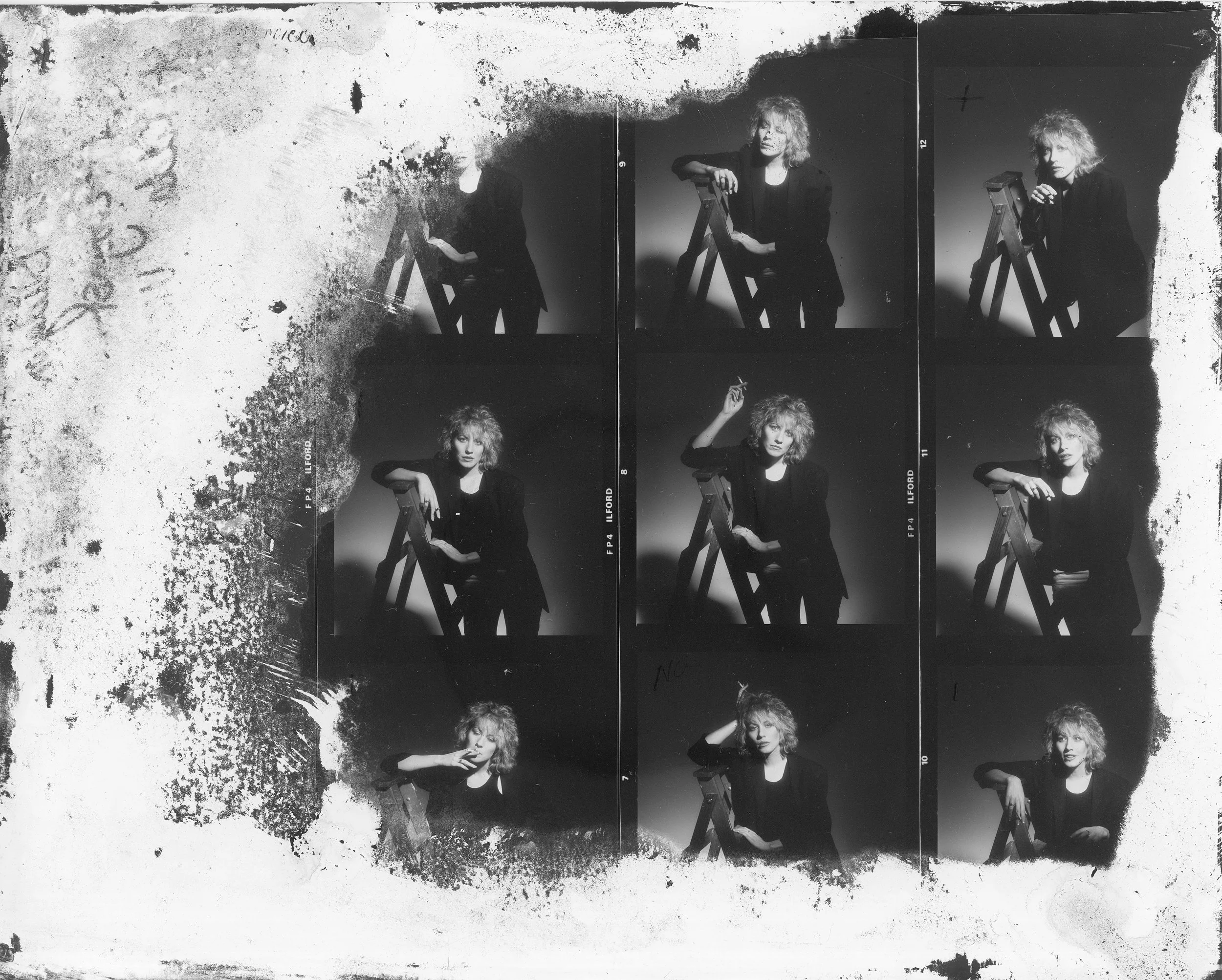 A black and white contact sheet of a woman with curly hair posing with a ladder in nine different shots, some with hand gestures and varying facial expressions.