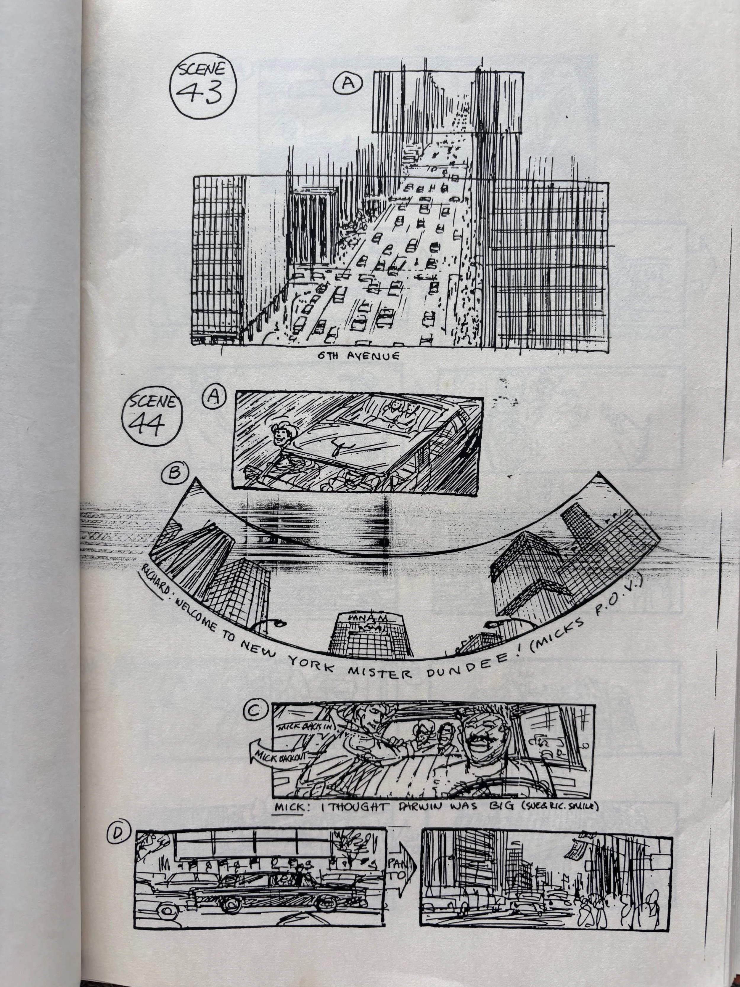 A storyboard illustration with four scenes including a cityscape of buildings and a highway, a car with a person inside, a wide-angle view of buildings with a welcome message, a sketch of people talking in a car, and street scenes with a bus and pedestrians.