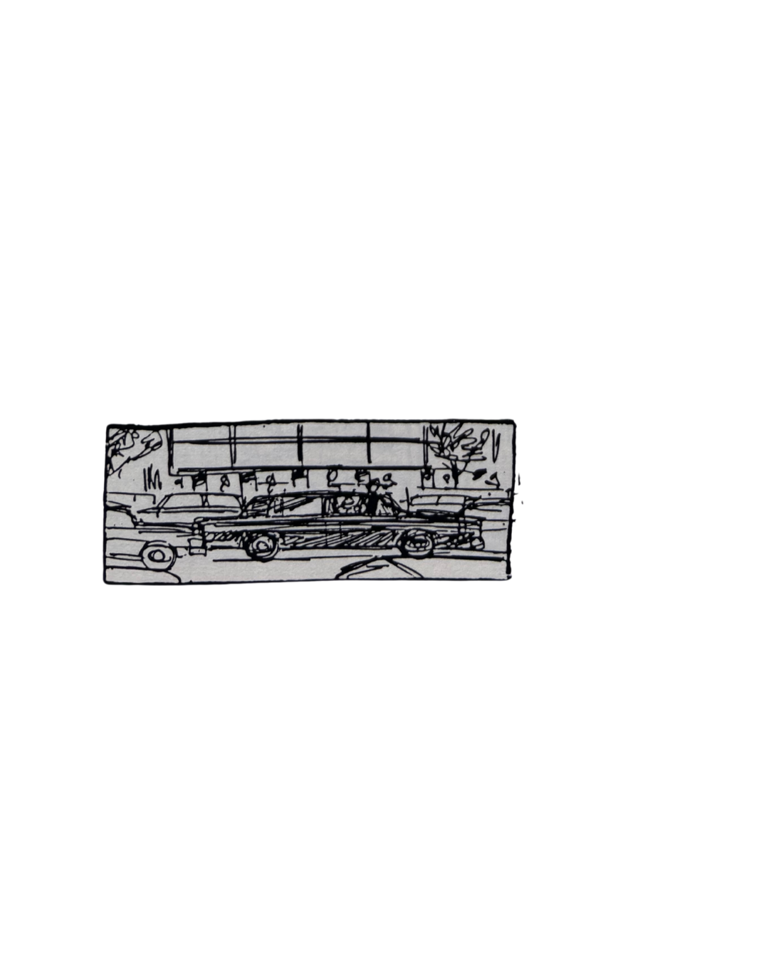 Black and white sketch of a city street scene, featuring cars parked along the curb and buildings in the background.
