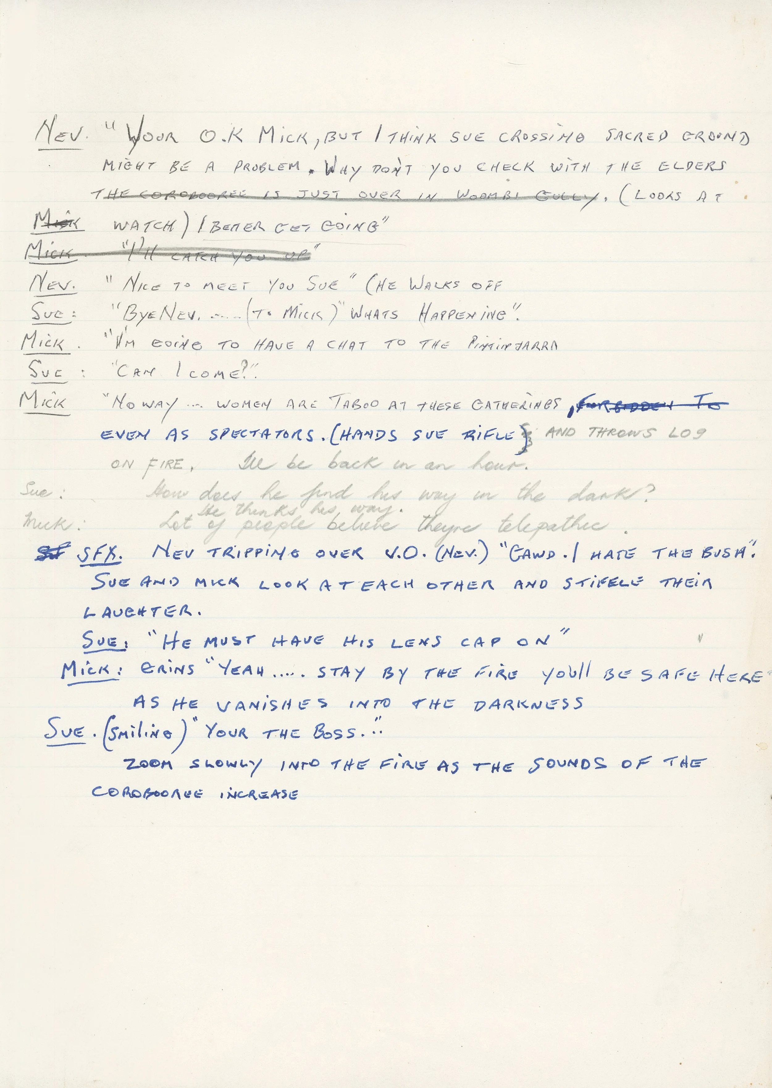 Handwritten script of a dialogue, with annotations and crossed-out lines, about women at gatherings, a fire, and a character named Nev.