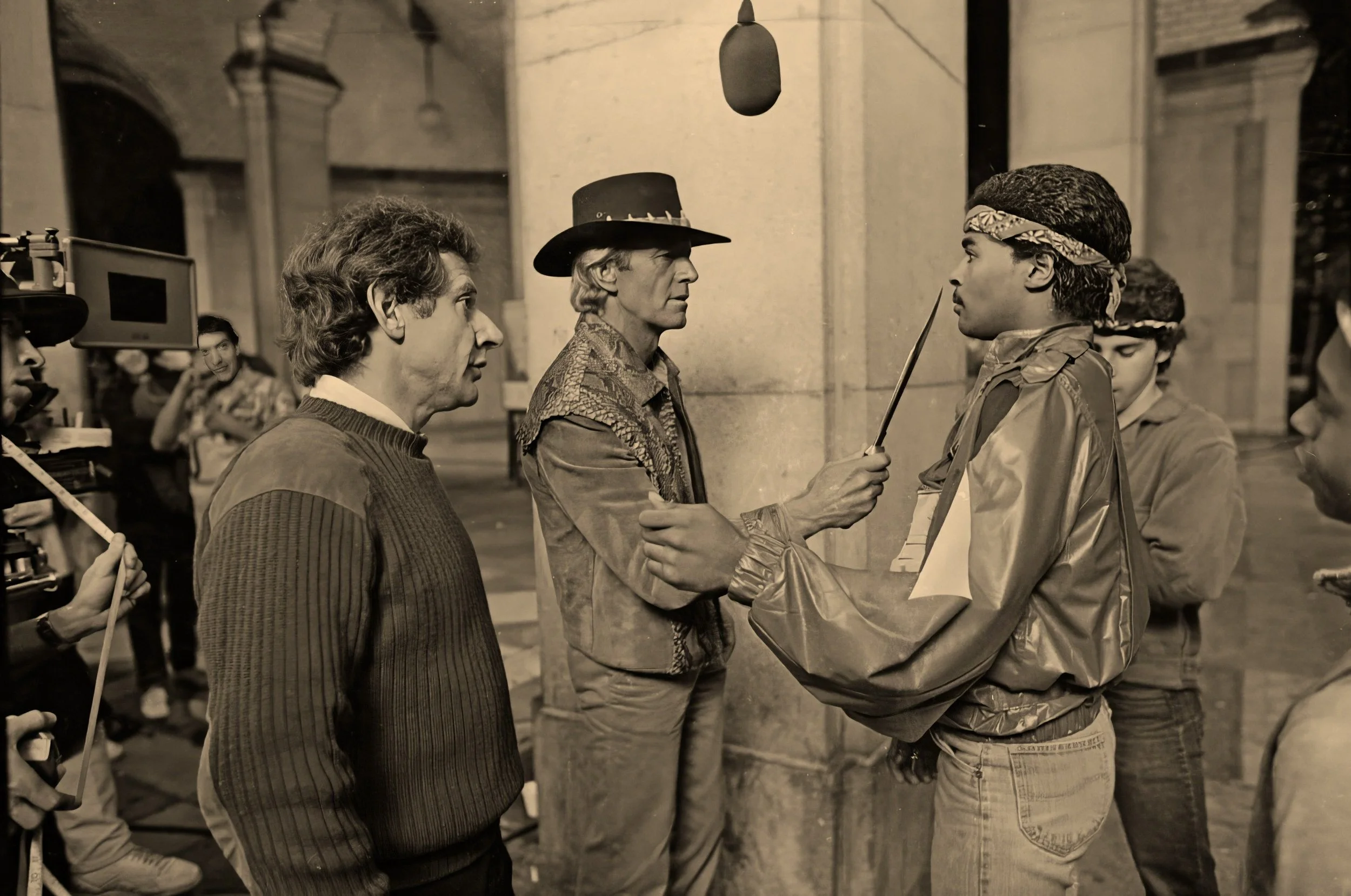 Behind the scenes of Crocodile Dundee. The knife scene, Mick Dundee - Paul Hogan, with the Director