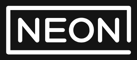 The word "NEON" in white uppercase letters inside a black rectangle with a white border.