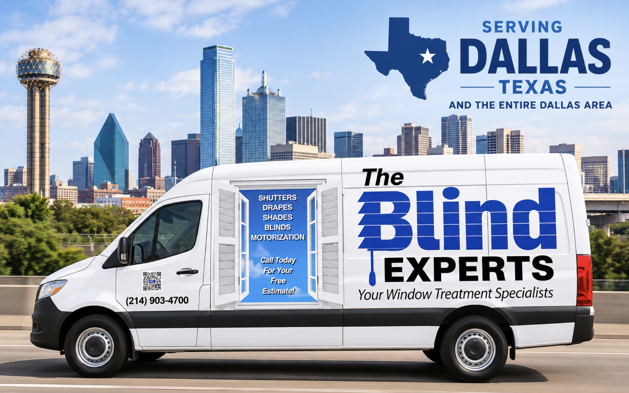 A  Dallas Texas white delivery van with advertising for window treatment services, driving in front of a city skyline with tall buildings and a clear sky, in Dallas, Texas.