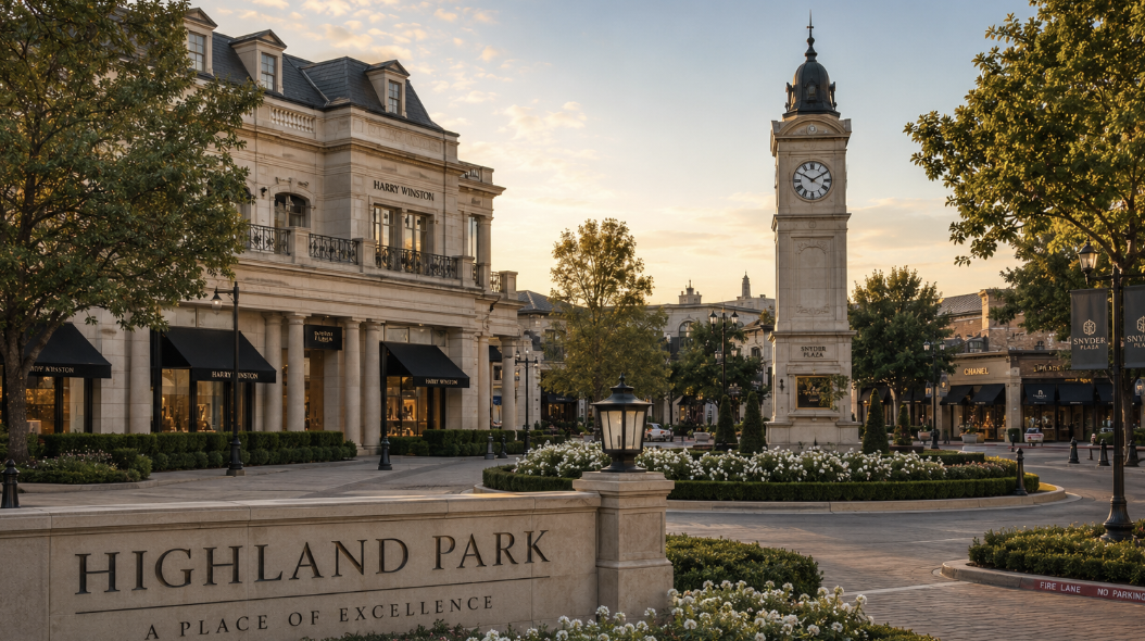 Highland Park plaza with a clock tower, luxury shops like Harry Winston and Chanel, and green landscaping during sunset.