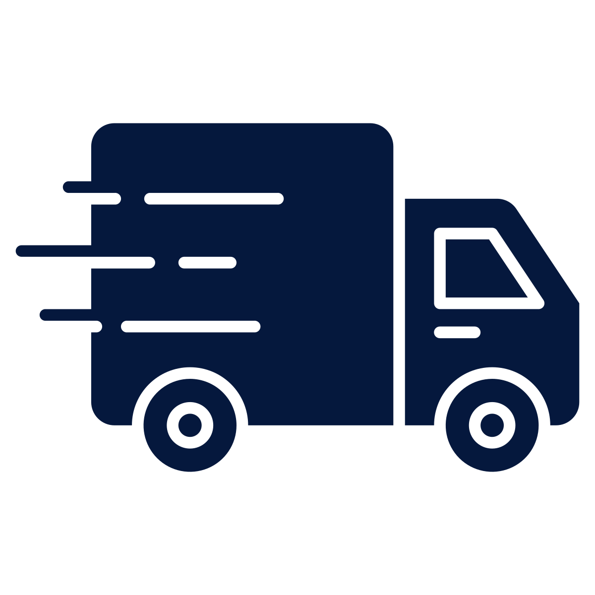 Simple black icon of a delivery truck with motion lines indicating speed.