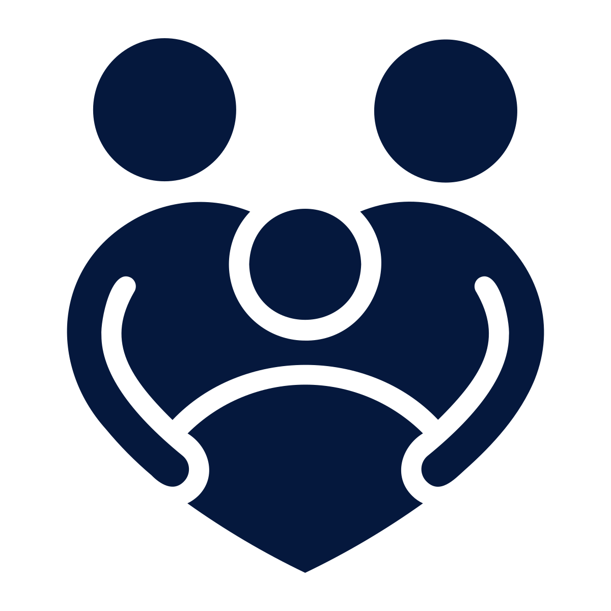 Icon depicting a person with two smaller figures on each side, symbolizing community or caregiving.