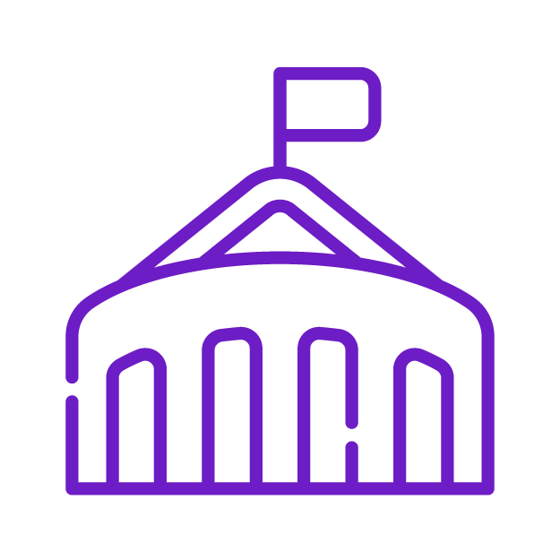 Neon purple outline of a building with a flag on top, representing a government or official structure.