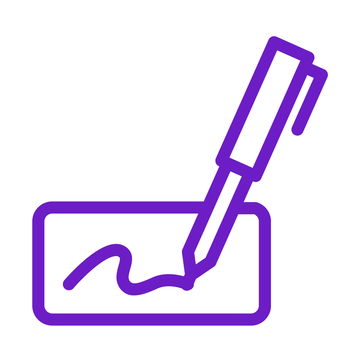 Icon of a purple pen writing on a rectangular surface.