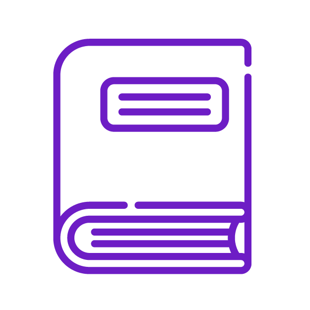 Purple outline of a closed book with a label on the cover and a thick horizontal line, representing a book icon.
