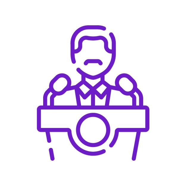 Outline of a man speaking at a podium, with a serious expression, in purple line art on a black background.