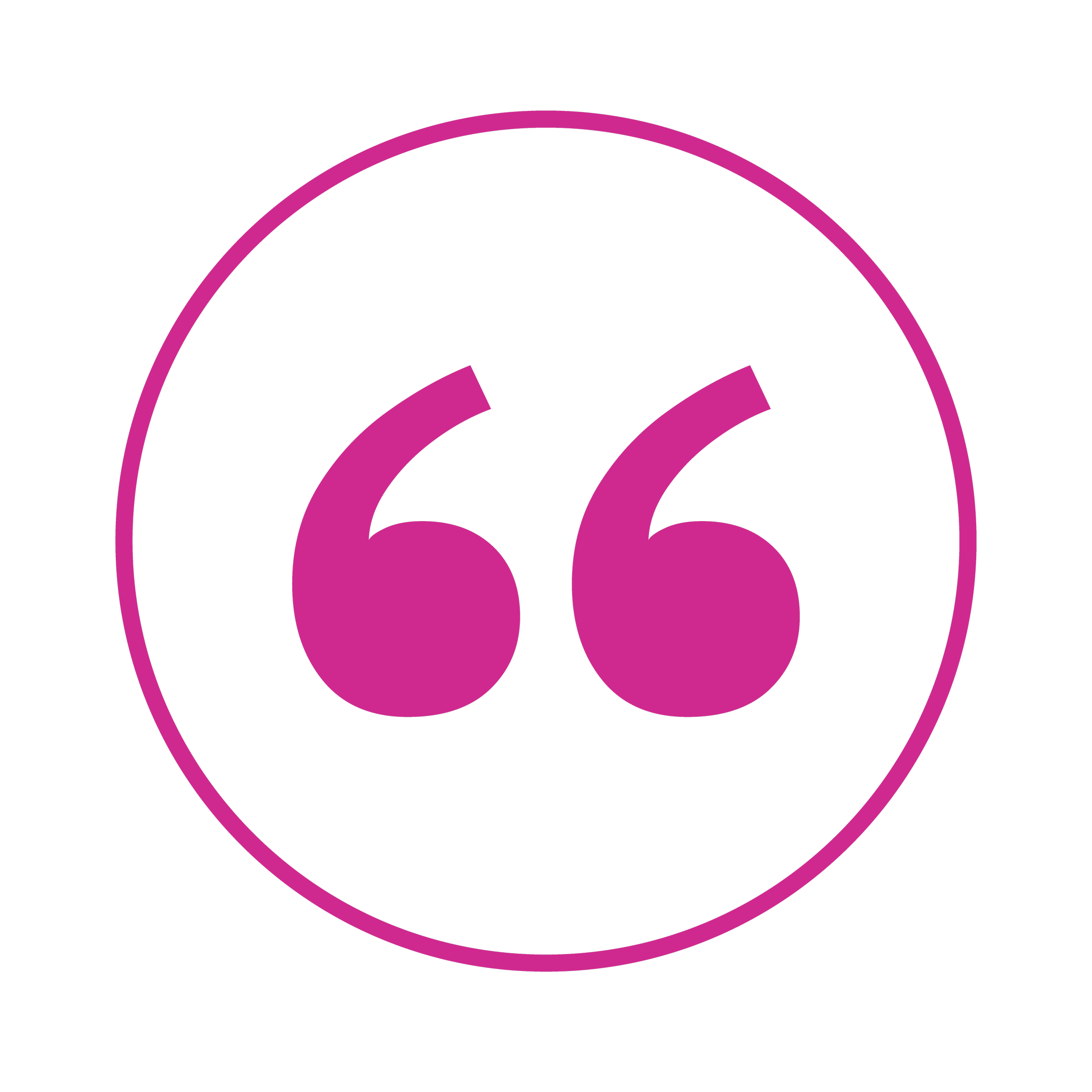 Pink quotation marks inside a pink circle on a black background.