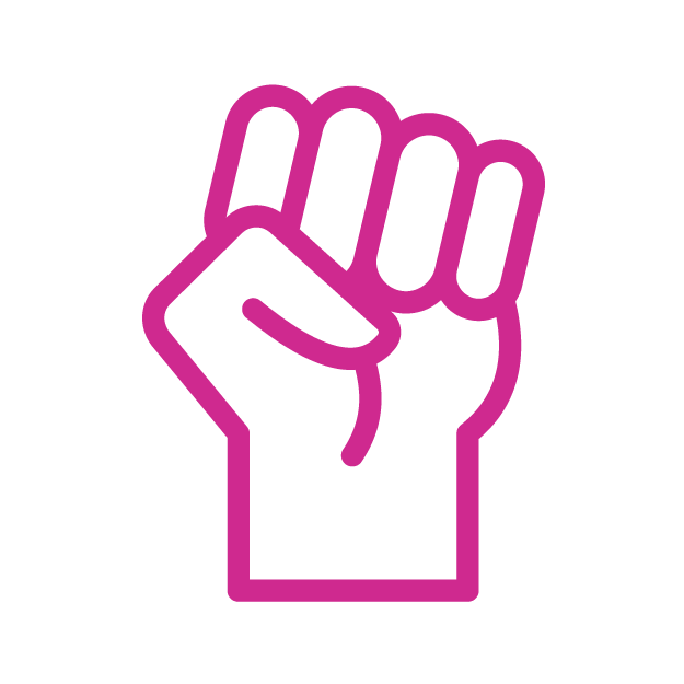 Outline of a raised fist in purple on a black background