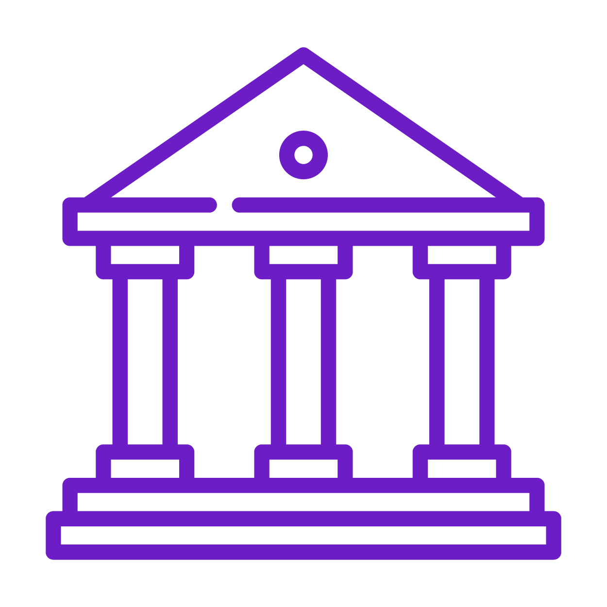 Outline illustration of a classical Greek or Roman temple with columns, depicted in purple.