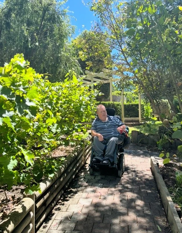 A man in a striped shirt sitting in a motorized wheelchair on a brick pathway in a lush garden with green plants on both sides and trees overhead.