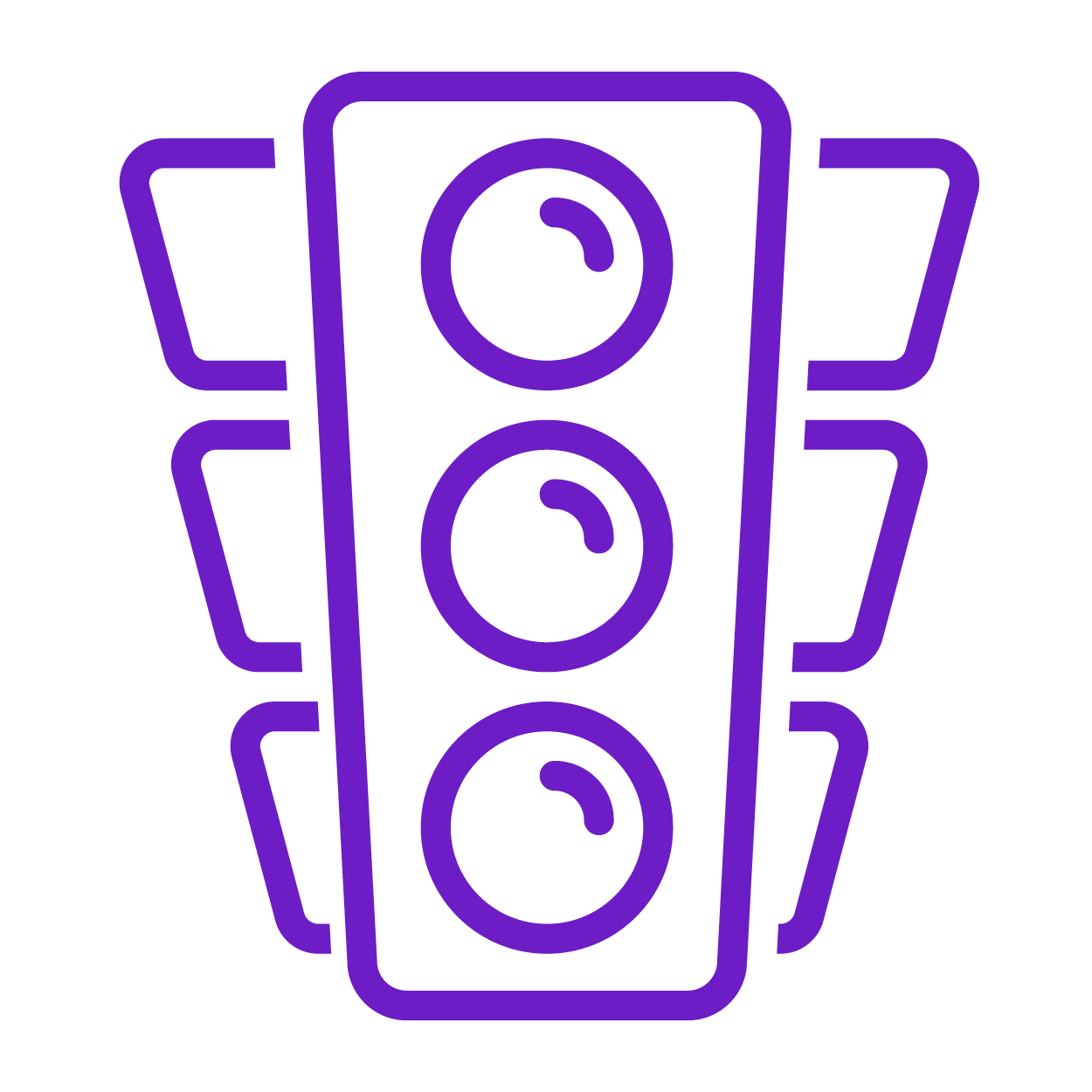 Purple outline of a traffic light with three circular lights on a black background.