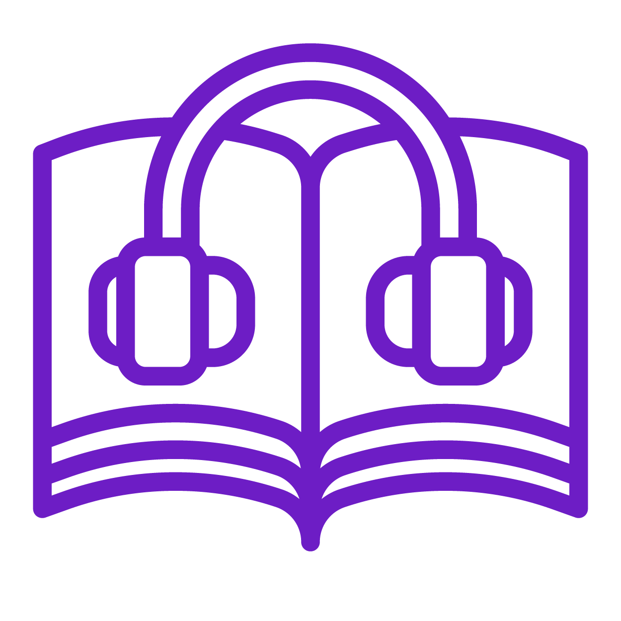 Outline of an open book with headphones hanging from the center pages, in purple color.