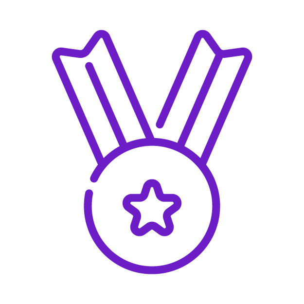 Purple outline of a medal with a star in the center and two ribbons hanging from it.