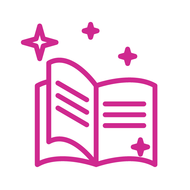 Outline illustration of a book with sparkling stars around it, in purple color.