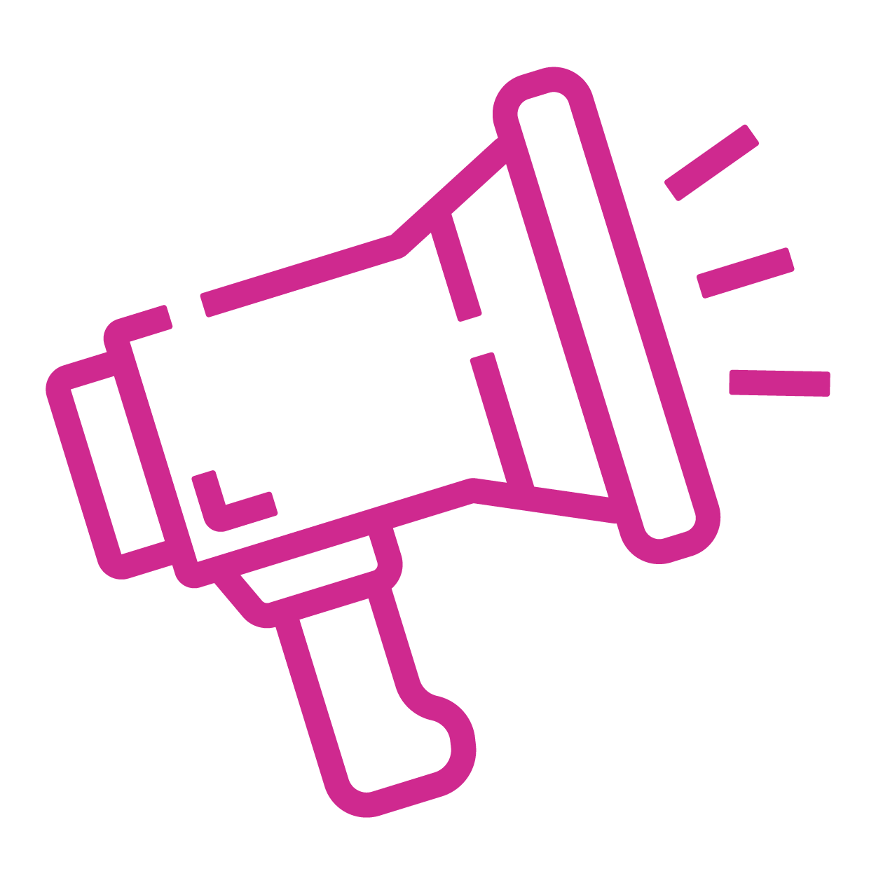 Outline of a megaphone emitting sound waves, depicted in purple on a black background.