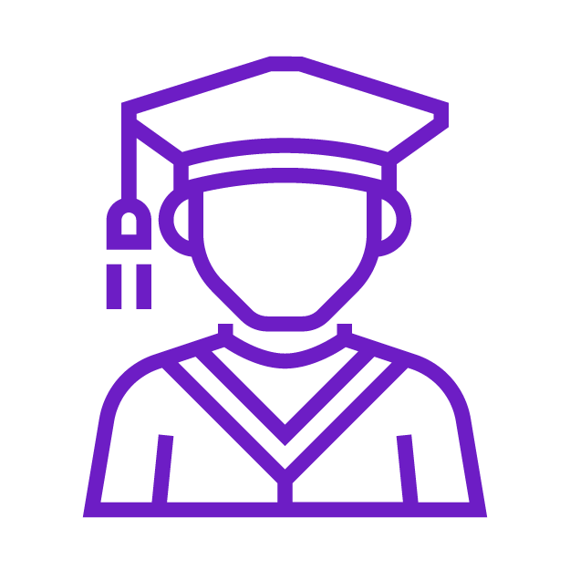 Line drawing of a graduate wearing a cap and gown, with a tassel on the cap.