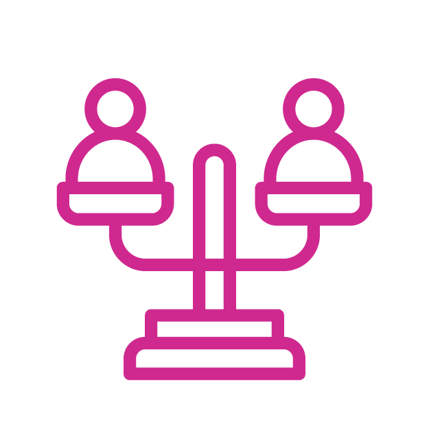 Icon of a balance scale with two human figures, representing justice or fairness.