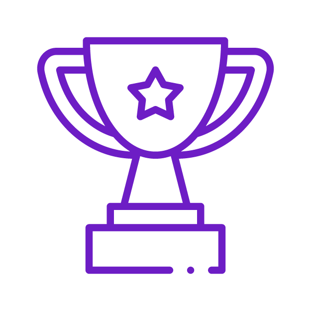 Neon outline of a trophy with a star on the front, purple and white on a black background.