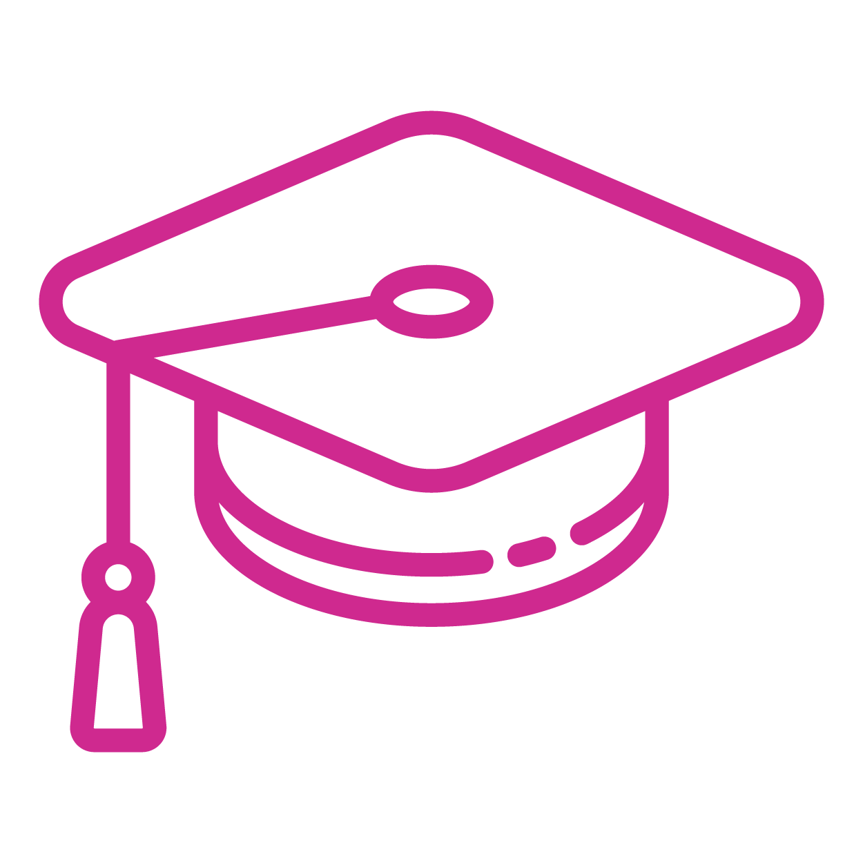 Outline of a graduation cap in purple with a tassel.