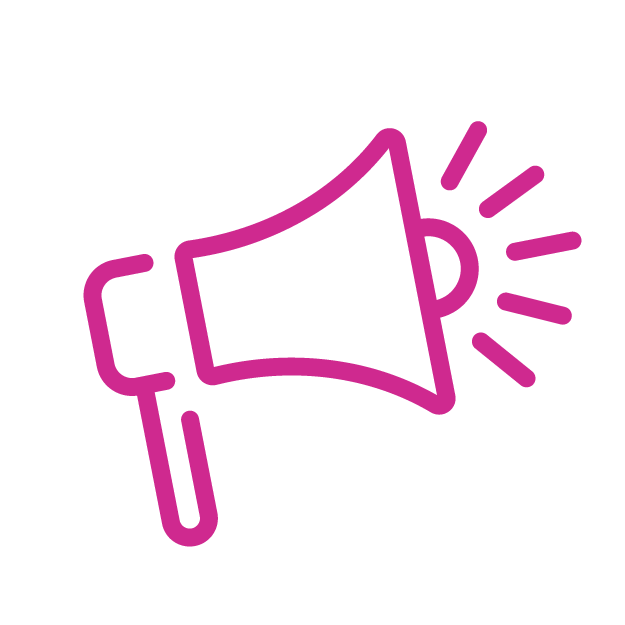 Purple line drawing of a megaphone with sound waves coming out of it.