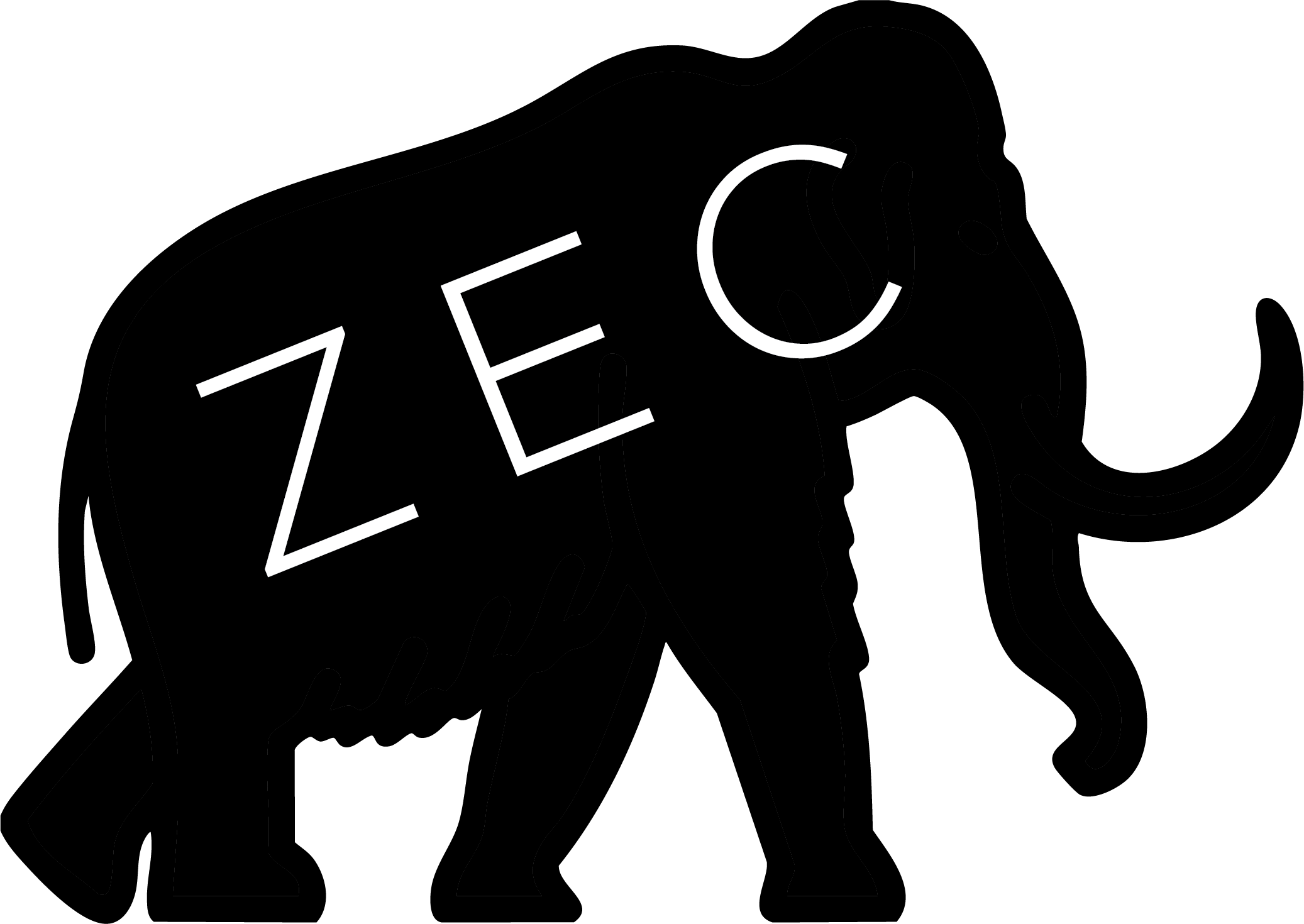 Black silhouette of wooly mammoth with the word 'ZEC' written in white, tilted text. ZEC stands for Zootown Event Center, Missoula's best Event Center