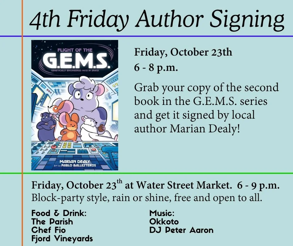 Excited for the last 4th Friday of the season? We are too! Especially because @marian_dealy will be here signing copies of Flight of the GEMS! October 23, 6-9 pm. See you there.