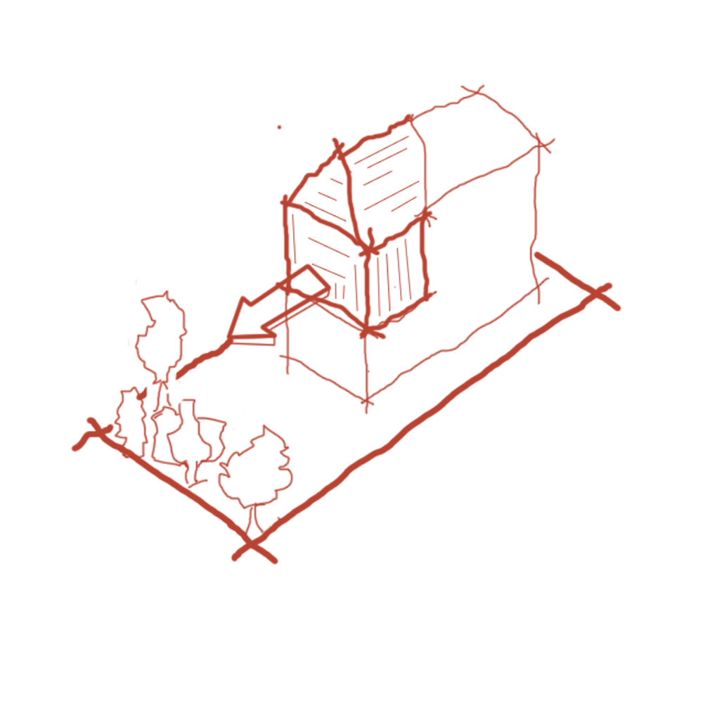 A blueprint drawing of a wooden house with trees and a pathway around it, in red lines on a black background.