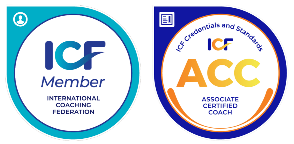 Two certification badges from the International Coaching Federation (ICF). The left badge indicates ICF Member status, and the right badge indicates ICF Associate Certified Coach (ACC) credential.