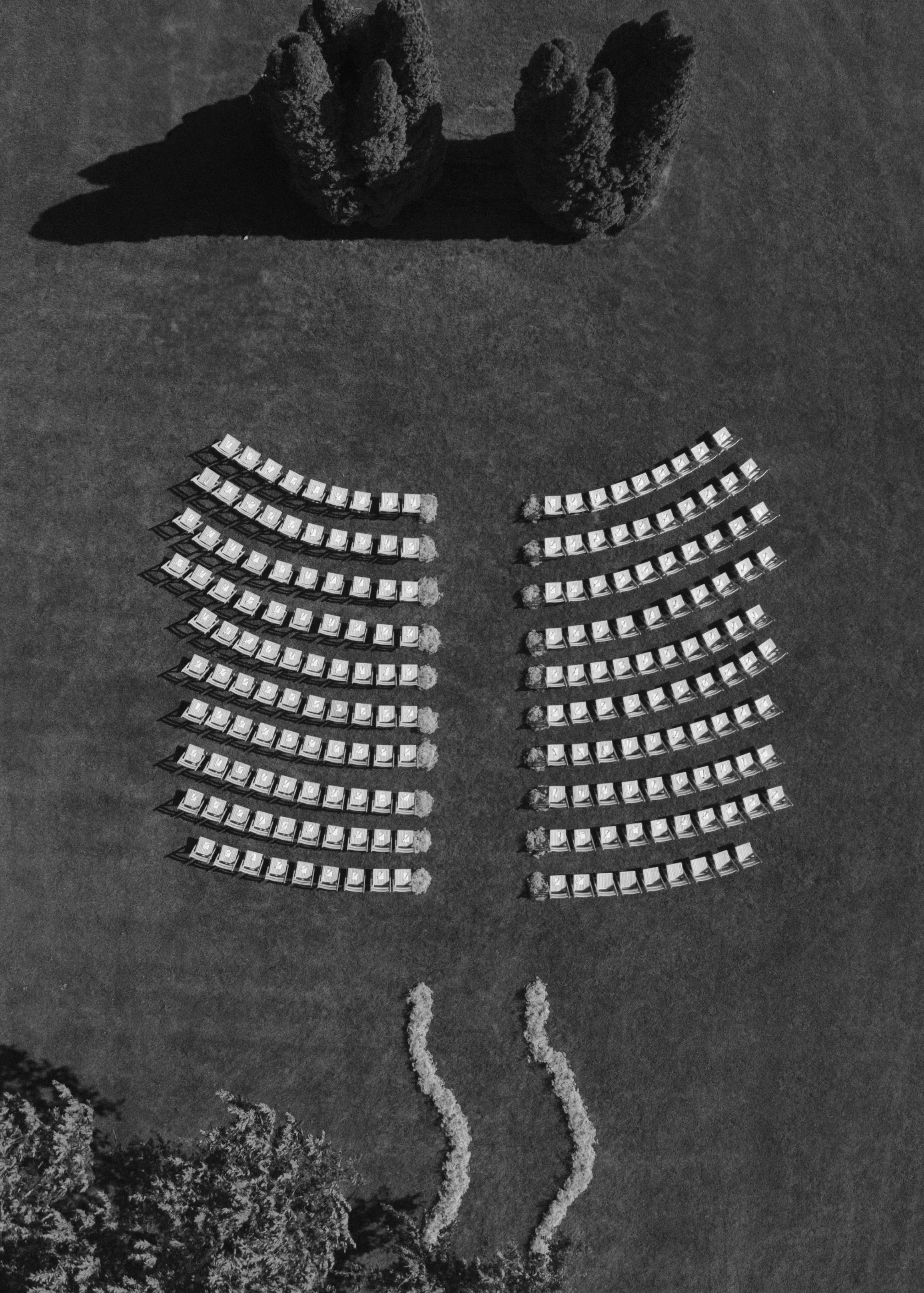 Black and white aerial view of an outdoor wedding ceremony setup with rows of chairs arranged in a semicircle, a pathway with shrubbery, and two large trees at the top and bottom edges.