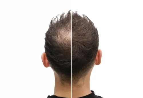 Prima e dopo tricopigmentazione effetto densità HRDD su capelli diradati con risultato naturale