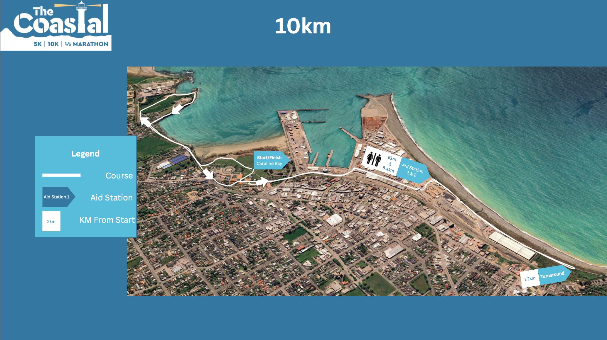 Map of a coastal running course showing a 10 km race with aid stations, start/finish line at Caroline Bay, and a turnaround point. The route is marked with distances at 2 km, 6 km, 7.2 km, and 8.4 km.
