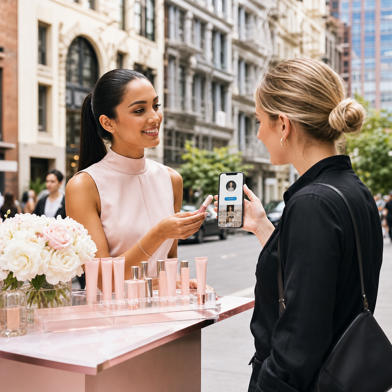 Beauty brand ambassador offers a cosmetic sample to a shopper following the brand on social media during a New York City activation.