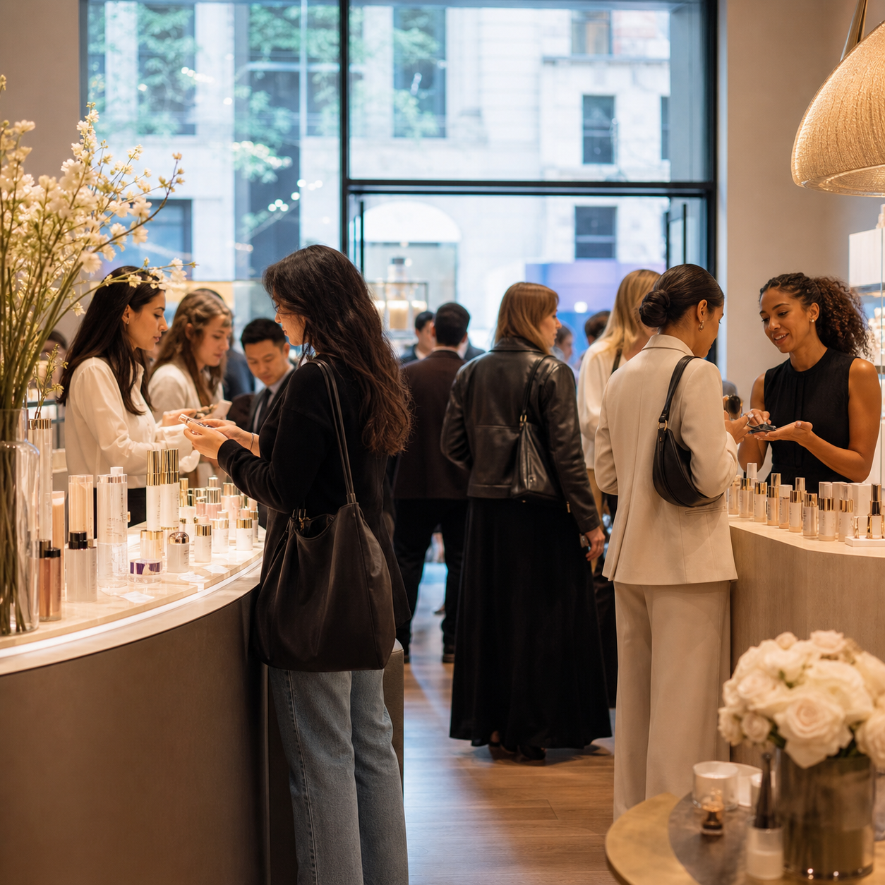 Guests explore a polished beauty pop-up activation inside a New York storefront.