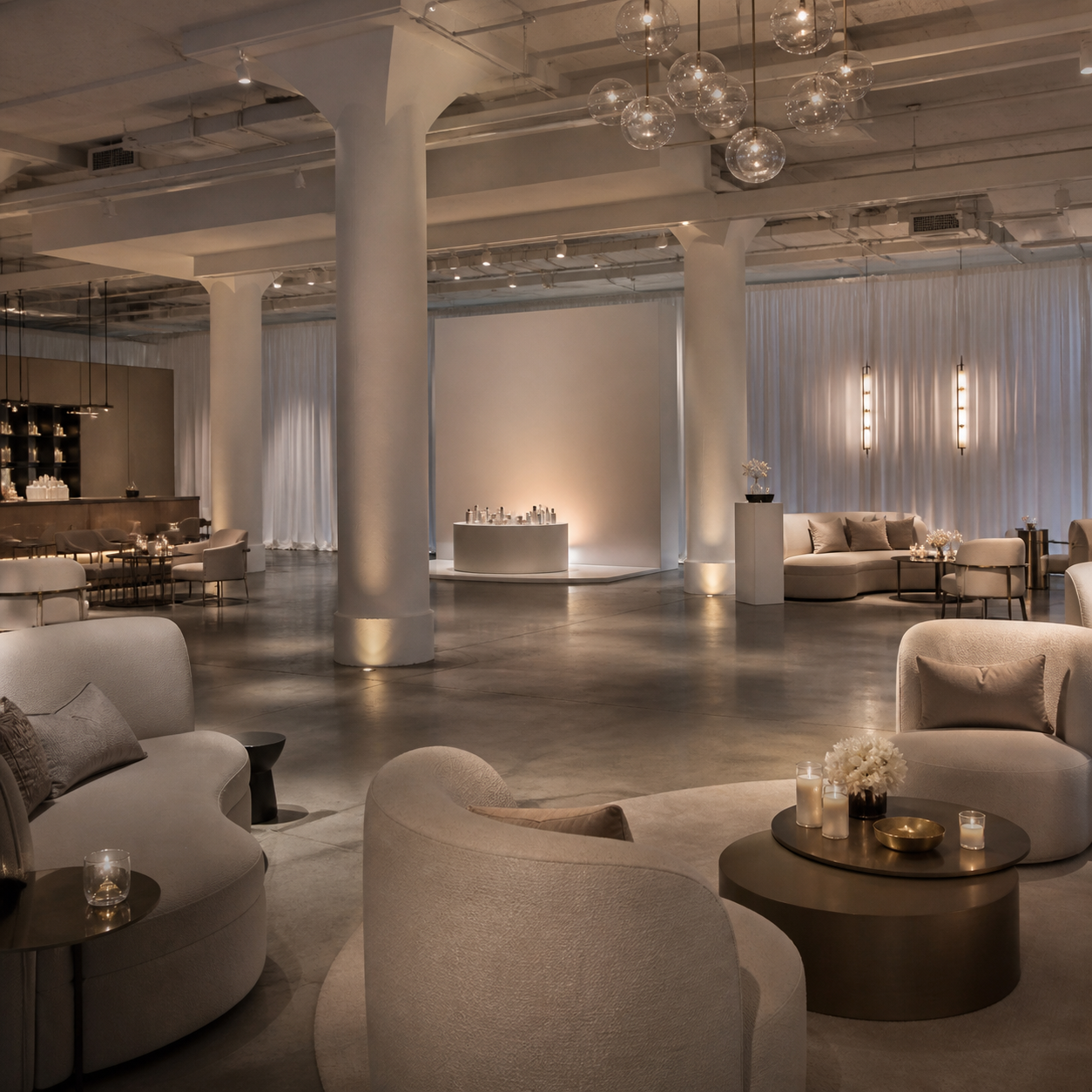An elegant Manhattan gallery-style venue prepared for a beauty brand event.