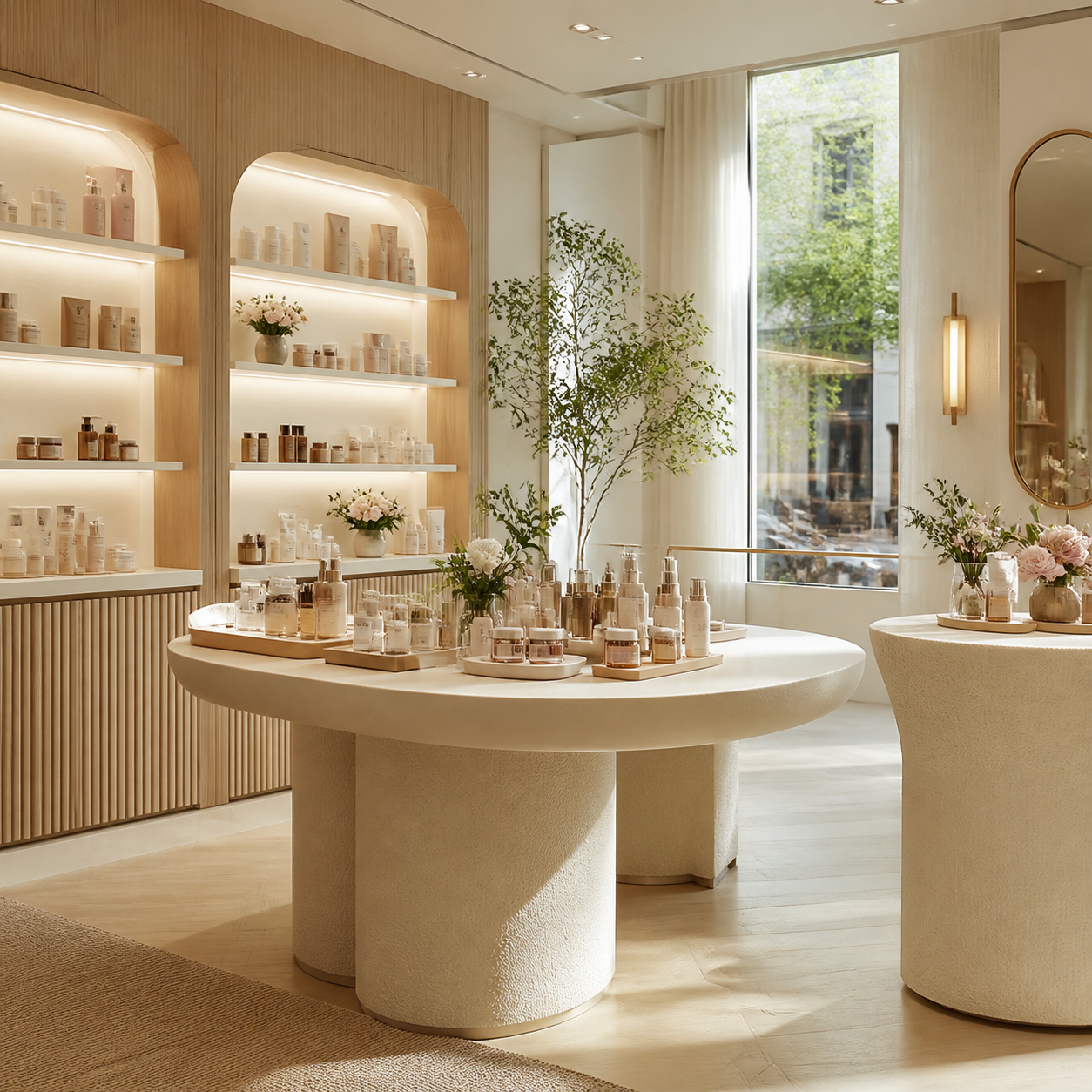 A finished luxury beauty retail interior prepared for a premium pop-up.