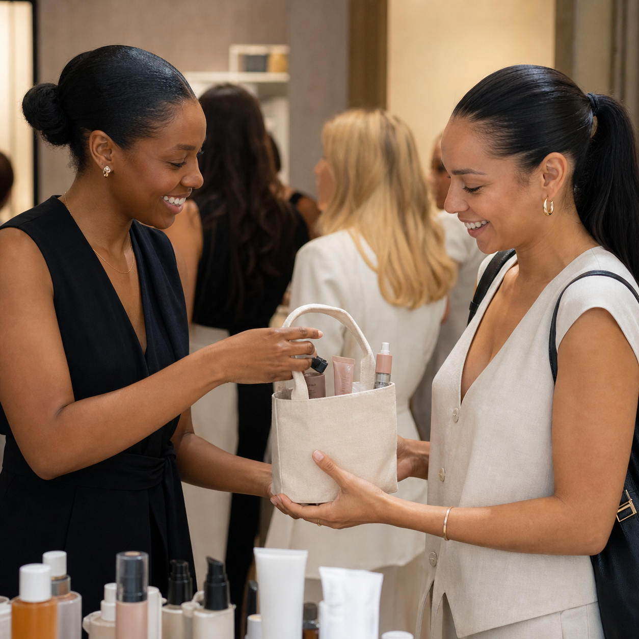 A beauty brand representative gives a curated product sample bag to a creator during a New York gifting event.