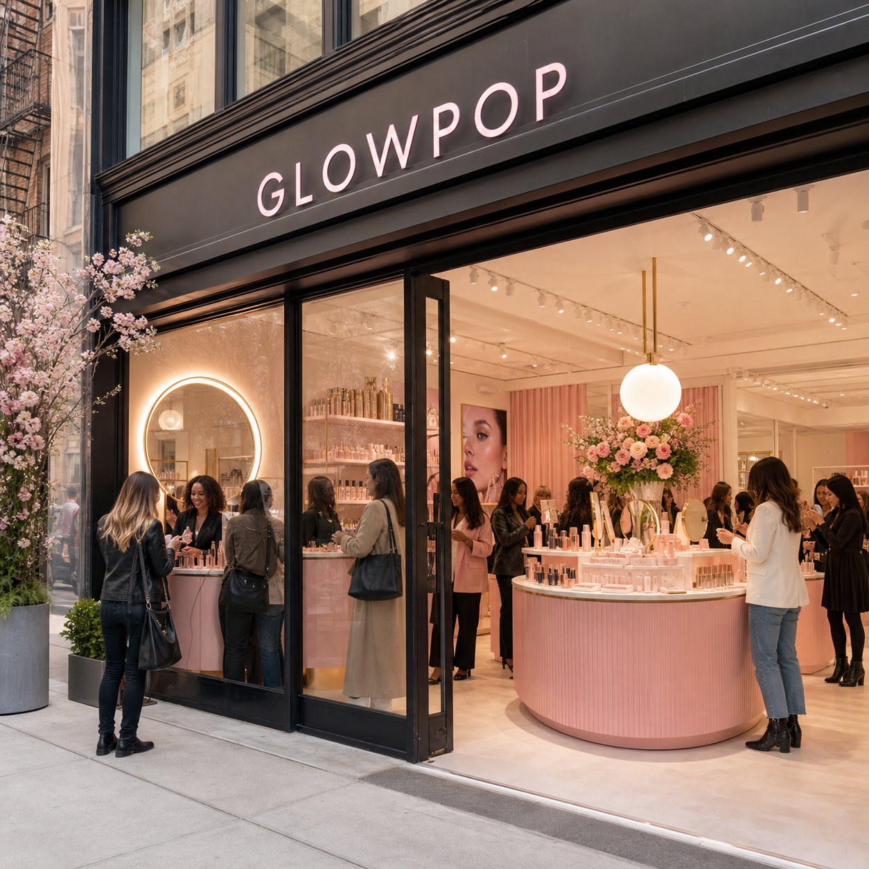 GlowPop beauty retail pop-up storefront in New York City with cosmetic displays, shoppers and brand ambassadors.