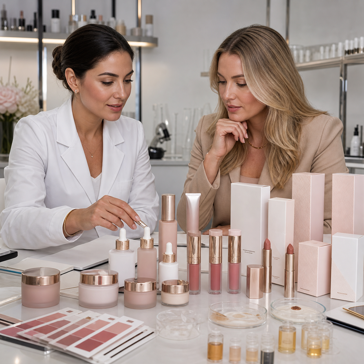 Beauty product developer and brand founder review formulas, packaging samples and a cohesive private-label cosmetics collection.