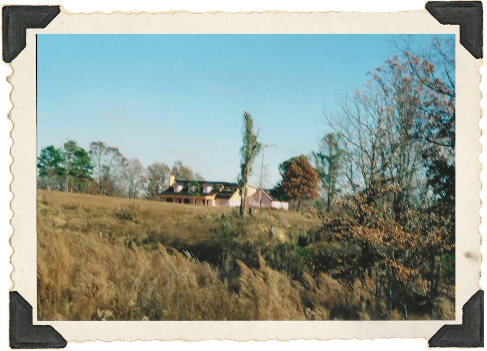 Big House in Process: A two level brick home with a black roof and white accents peeks out of the hills. There are trees in the background and a few in the righthand foreground.