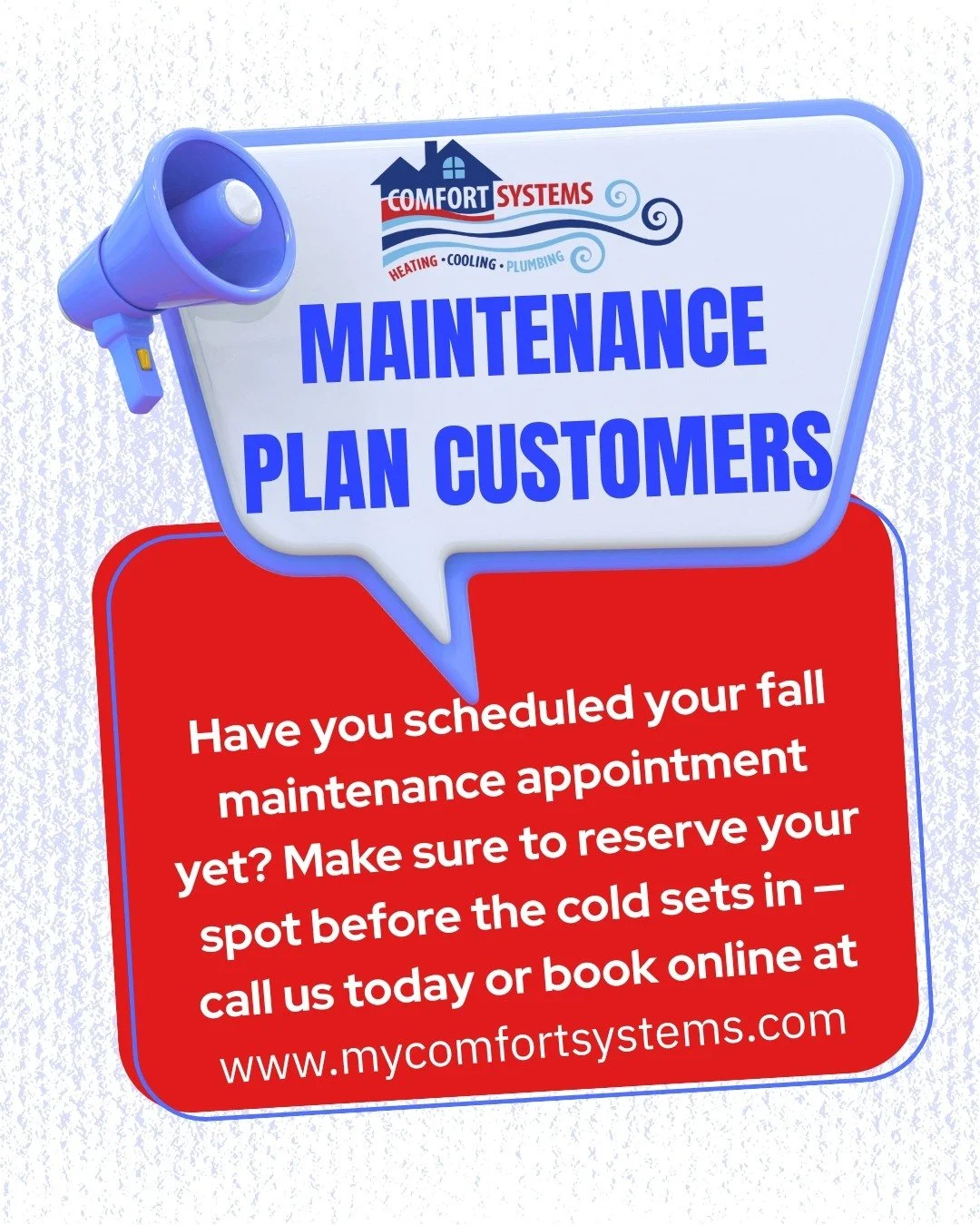 📣 Attention Maintenance Plan Customers📣
It&rsquo;s time to schedule your fall tune-up! No need to wait for your reminder postcard &mdash; 📬 give us a call today to reserve your spot and stay cozy all season long 🔥