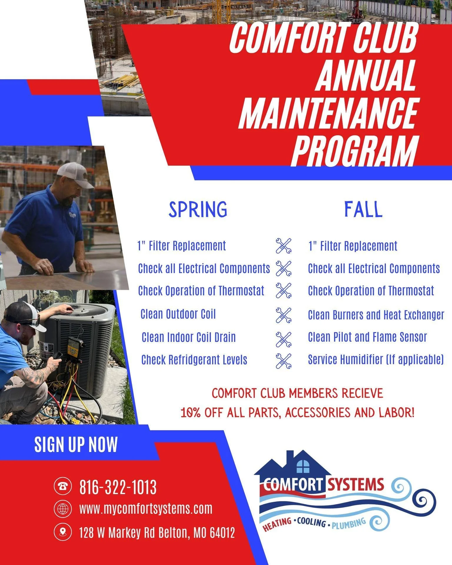 Is your HVAC system ready for the seasons ahead?

Now is the perfect time to get signed up for our Comfort Club Annual Maintenance Program! 🛠️❄️☀️

Our Comfort Club members enjoy:
✔️ Scheduled seasonal maintenance
✔️ Priority service
✔️ Discounts on