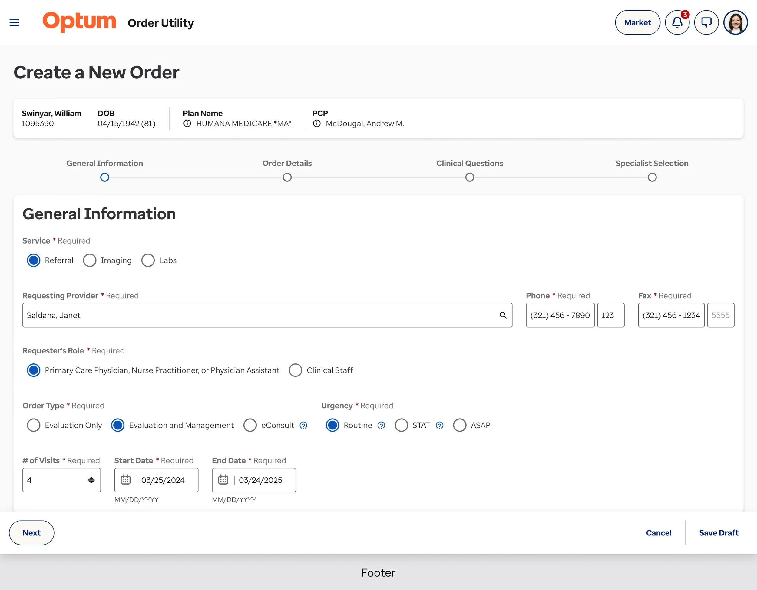 Step 1 General Details - Create Referral Order