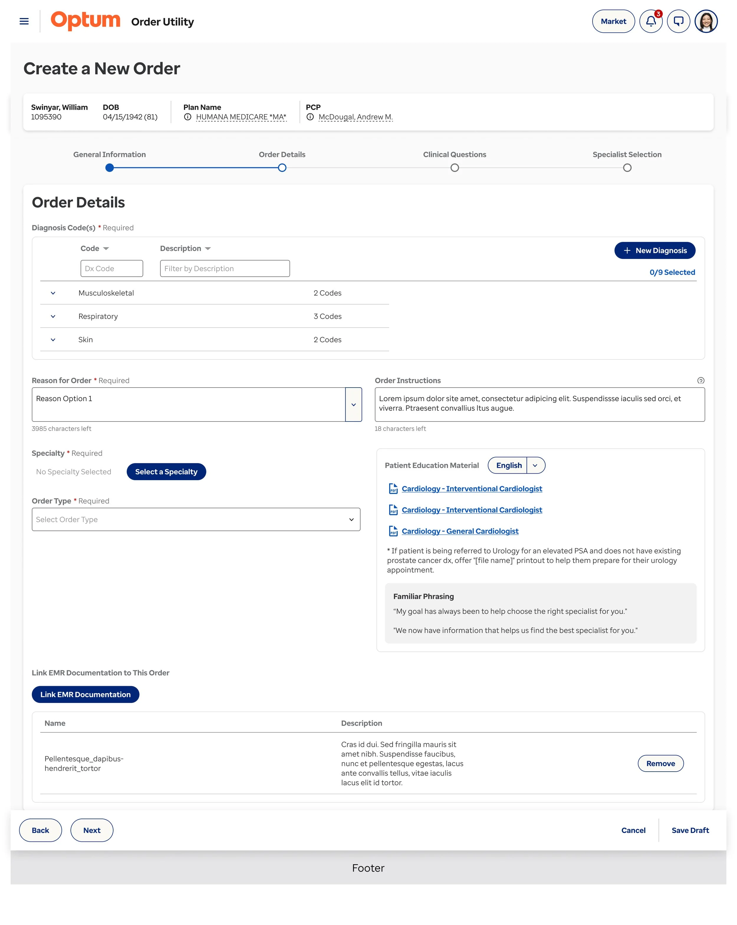 Step 2 Patient Diagnostic Details - Create Referral Order